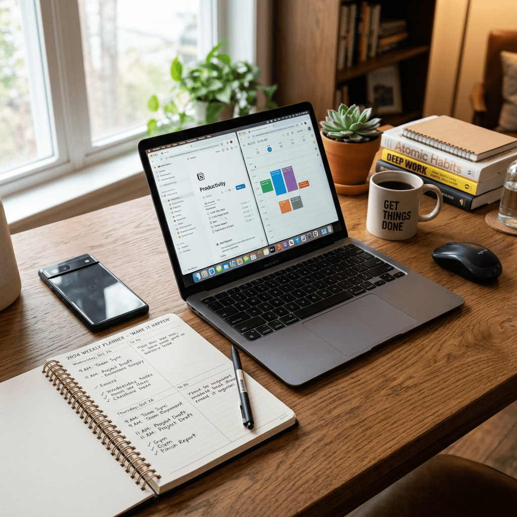 Laptop displaying productivity apps, notebook with weekly planner, smartphone, coffee mug with 'Get Things Done' text, books, and a plant on a wooden desk